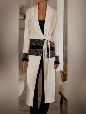 NAKEDCASHMERE Stripe Duster 100% Cashmere Belted Long Cardigan Sz. M